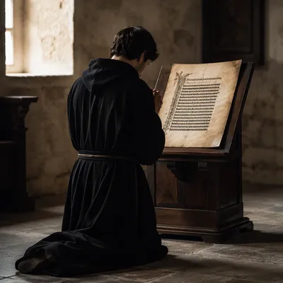 Kneeling Prayer Before Ancient Manuscript