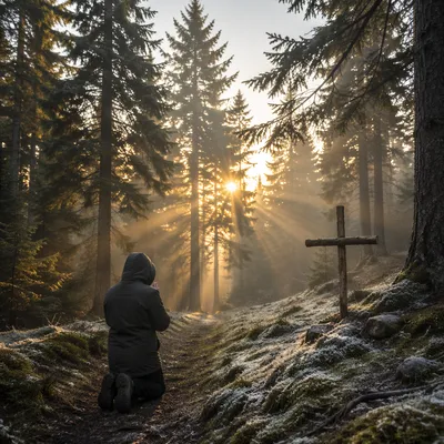 Kneeling Prayer Beneath Evergreen Dawn