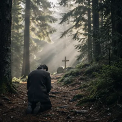 Kneeling Prayer on Misty Evergreen Path