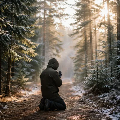 Kneeling Prayer on Evergreen Forest Path