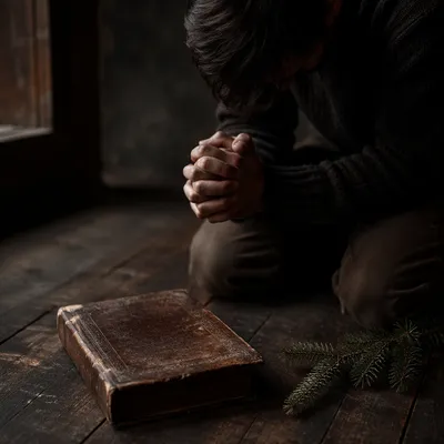Person Kneeling in Prayer with Evergreen
