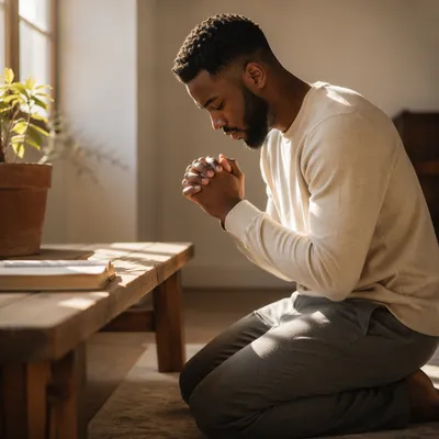 Young Man Kneeling in Morning Prayer