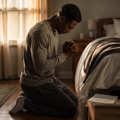 Young Man Kneeling in Dawn Prayer
