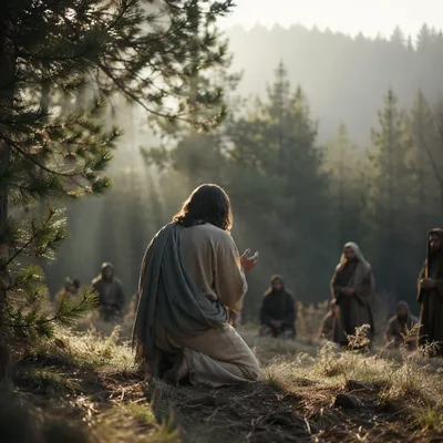 Kneeling Prayer in Evergreen Morning Clearing