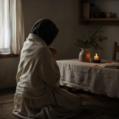 Kneeling Prayer Beside Evergreen Candle