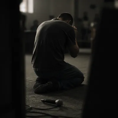 Person Kneeling in Dim Prayer Room