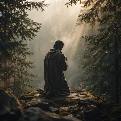 Kneeling Prayer in Misty Evergreen Forest