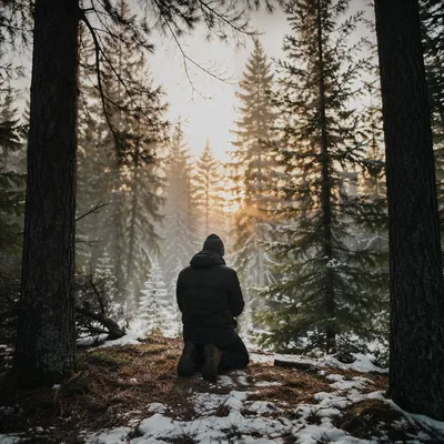 Kneeling Prayer in Snowy Evergreen Forest