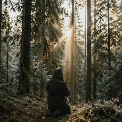 Kneeling Prayer in Evergreen Forest