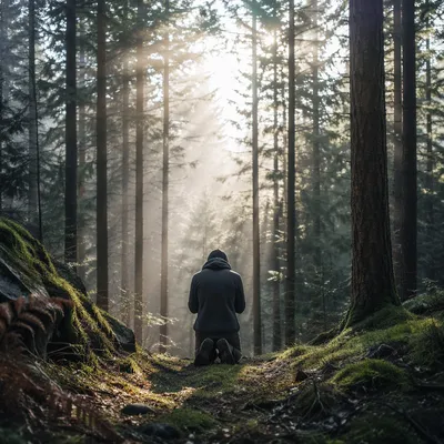 Kneeling Prayer in Misty Evergreen Forest