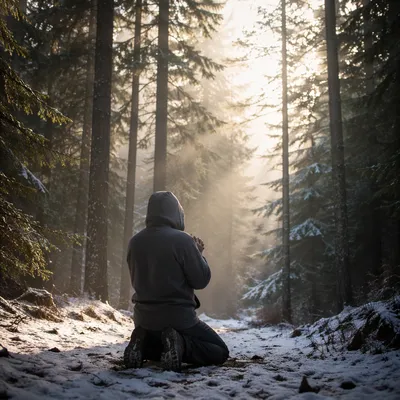 Kneeling Prayer in Winter Evergreen Forest