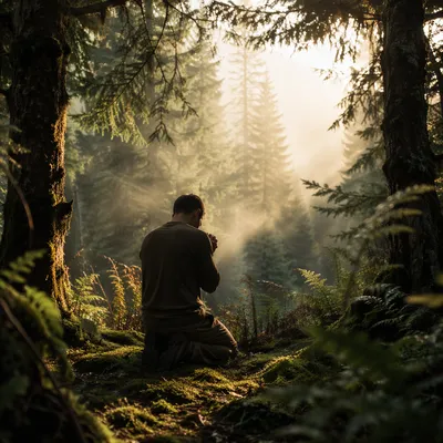 Kneeling Prayer in Misty Evergreen Forest