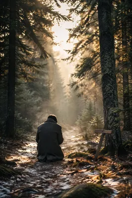 Kneeling Prayer in Evergreen Forest
