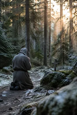 Kneeling Prayer on Evergreen Forest Path