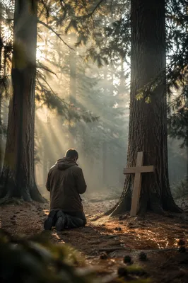 Kneeling Prayer Beneath Evergreen Trees