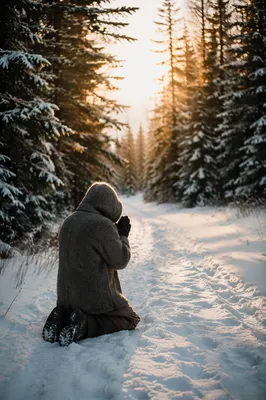 Kneeling Prayer in Snowy Evergreen Forest