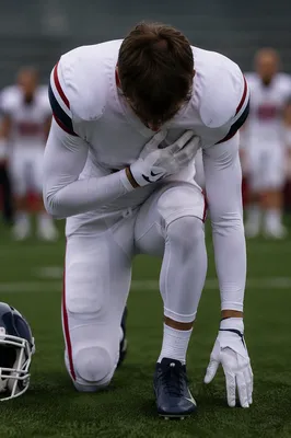 Athlete Kneeling in Prayer on Turf