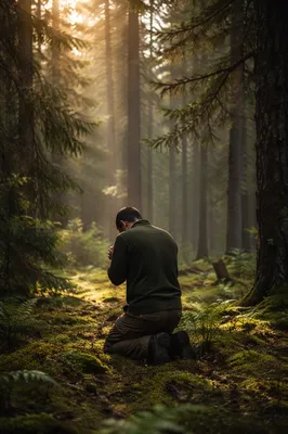 Kneeling Prayer Beneath Evergreen Forest Light