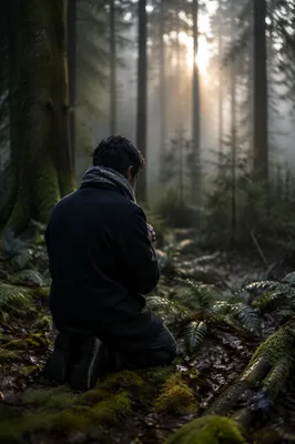 Kneeling Prayer in Misty Evergreen Forest