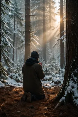 Kneeling Prayer in Misty Evergreen Forest