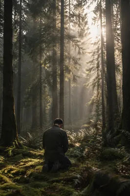 Silhouetted Prayer in Evergreen Forest Light