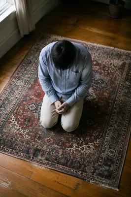 Overhead Prayer Moment on Vintage Rug
