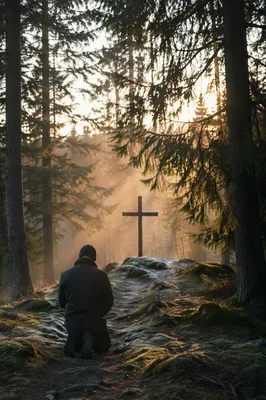 Kneeling Prayer in Evergreen Forest