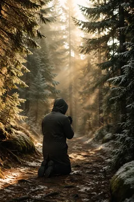 Kneeling Prayer on a Misty Evergreen Path