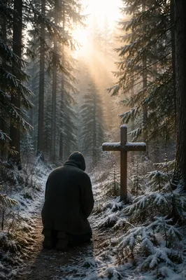 Kneeling Prayer on Evergreen Forest Path