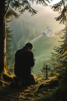 Kneeling Prayer in Misty Evergreen Forest