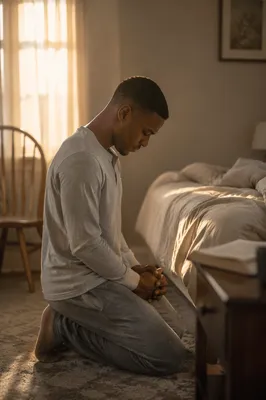 Young Man Kneeling in Morning Prayer