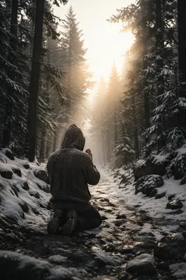 Kneeling Prayer on Snowy Evergreen Path