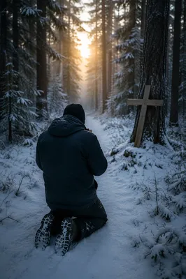 Kneeling Prayer Beneath Snowy Evergreens