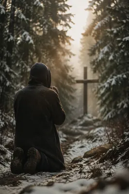 Kneeling Prayer on Snowy Evergreen Path