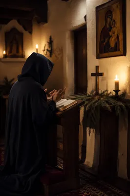 Person Kneeling in Candlelit Chapel Prayer