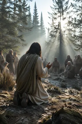 Kneeling Prayer in Evergreen Morning Mist