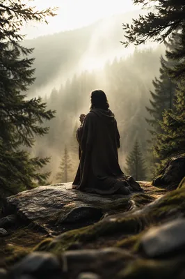 Kneeling Prayer in Misty Evergreen Forest