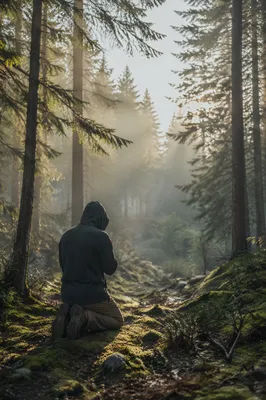 Kneeling Prayer in Misty Evergreen Forest