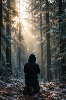 Kneeling Prayer in Winter Evergreen Forest