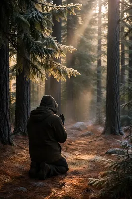 Kneeling Prayer Beneath Winter Evergreens