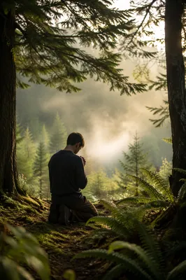Kneeling Prayer in Misty Evergreen Forest