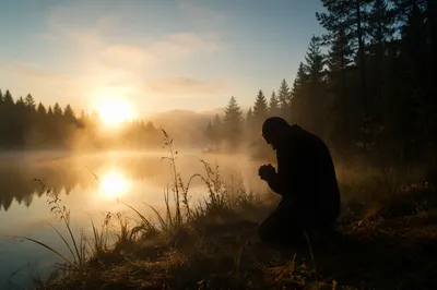 Kneeling Prayer Silhouette by Misty Lake
