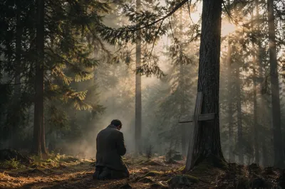 Kneeling Prayer Beneath Evergreen Morning Light