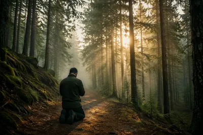 Kneeling Prayer on Misty Evergreen Path