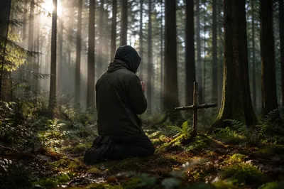 Kneeling Prayer in Evergreen Forest