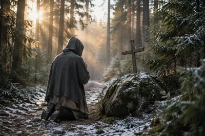 Kneeling Prayer on Evergreen Forest Path