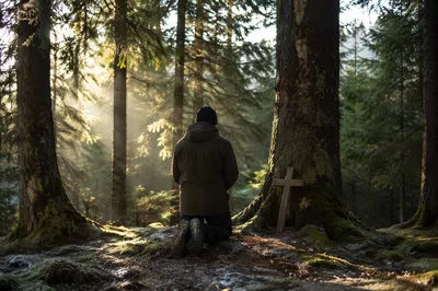 Kneeling Prayer in Evergreen Forest
