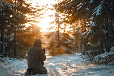 Kneeling Prayer on Snowy Evergreen Path