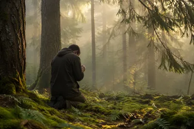 Solitary Prayer Beneath Evergreen Forest Light