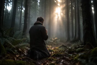 Kneeling Prayer in Misty Evergreen Forest